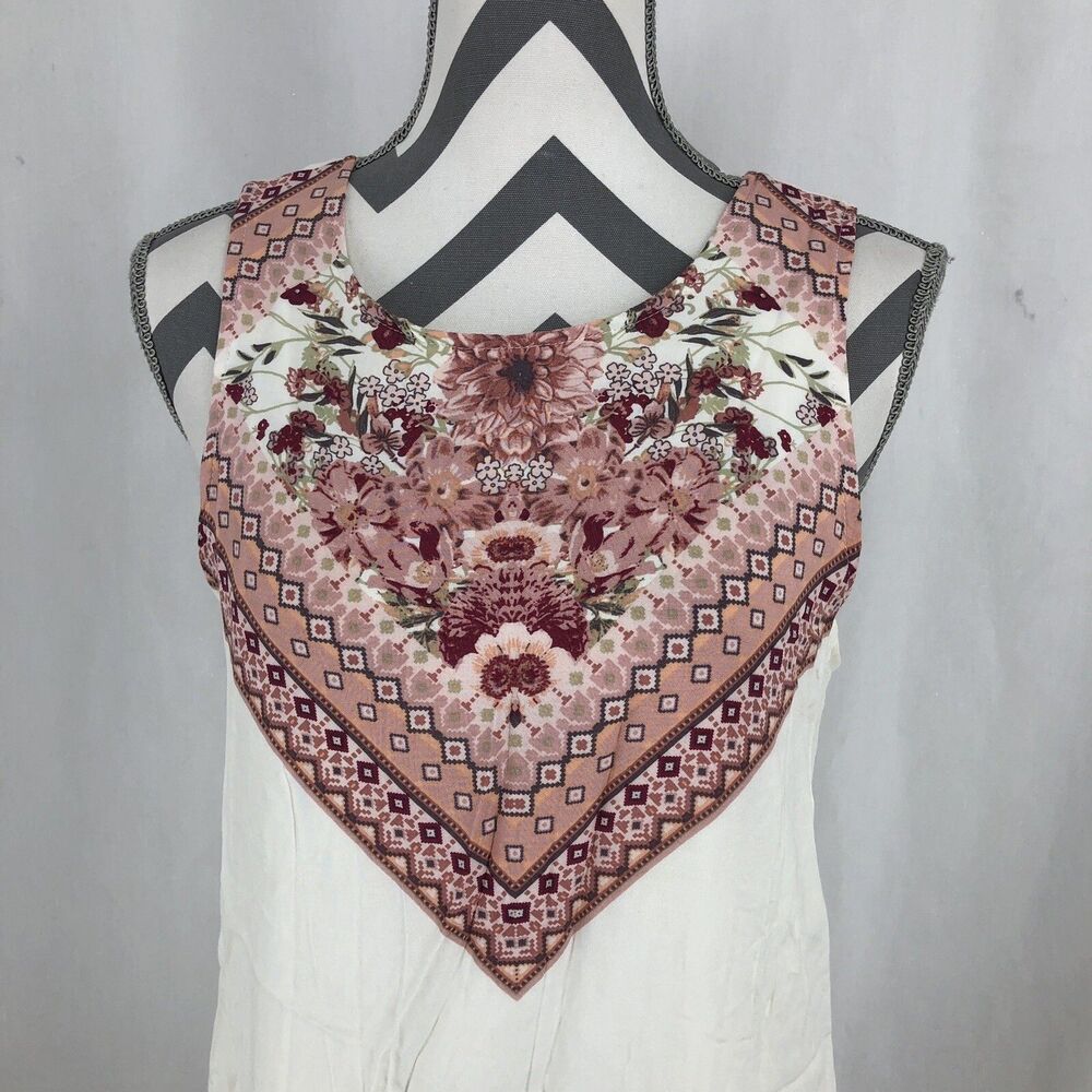 XHILARATION White Red Floral Boho Lined Keyhole Back Sleeveless Dress Medium